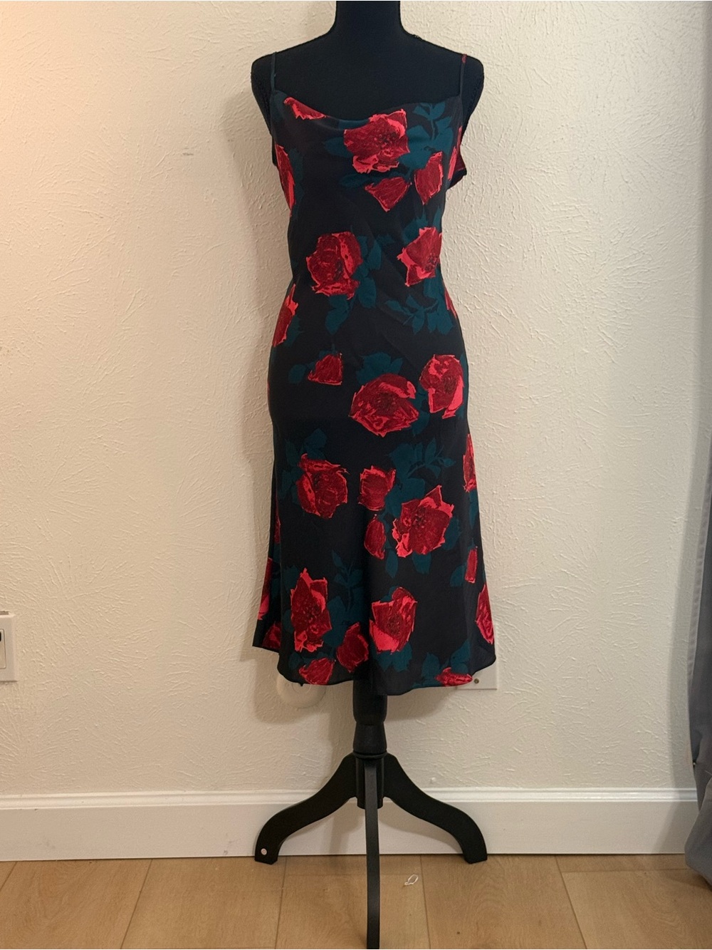 PAIGE Women's Black Slip Dress with Red Rose Print